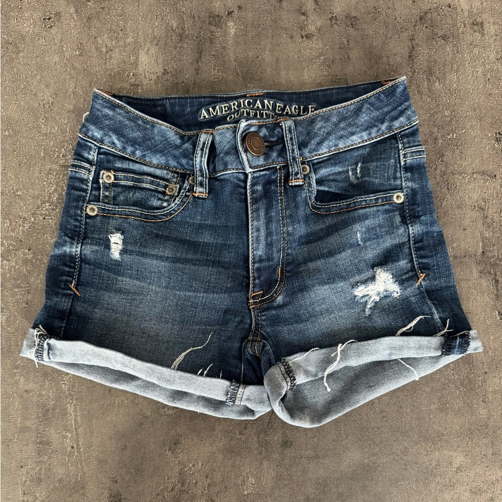 American Eagle Super Stretch Ripped Style Dark Wash Jean Shorts, Women’s Size 00